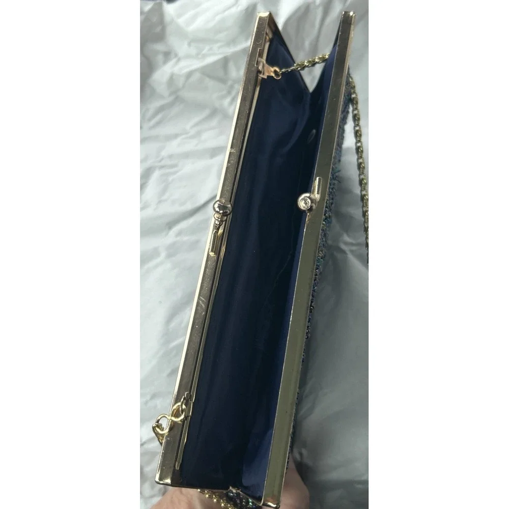Iridescent Beaded Evening Clutch Bag Gold Tone Frame Chain Strap Navy Blue